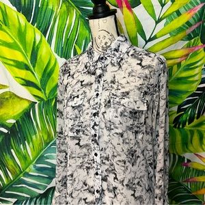 Guess Women’s Small White Grey Floral Sheer Button Down Office Church Blouse